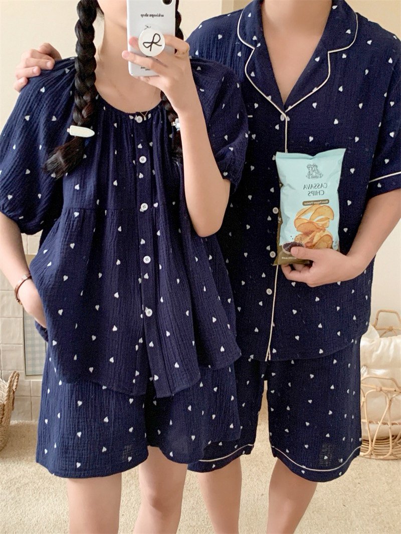 하트 요루면 반팔 커플잠옷 반바지 빅사이즈 임산부 수유 파자마 홈웨어 여름 - 상품 이미지