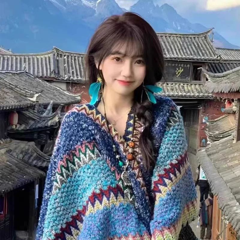 몽골 판초 가디건 빈티지 여행자 어깨숄 티베트 망토 눈꽃 무지개 오렌지 퍼플 - 상세 이미지 3