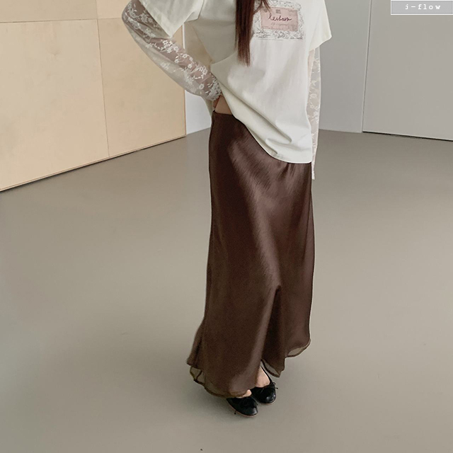 데이빈 쉬폰 새틴 레이어드 밴딩 스커트 3col 봄 여름 플레어 광택 이중 롱 제이플로우 - 상세 이미지 5