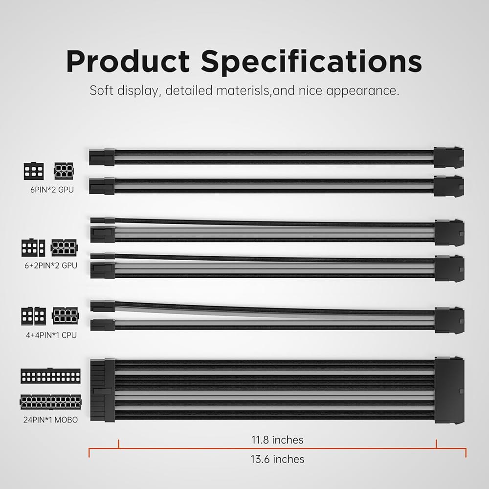 ASIAHORSE 맞춤 모드 슬리브 연장 전원 공급 케이블 키트 18AWG ATX /EPS / 8핀 PCI-E 6핀 (블랙 믹스) Pure White - 상세 이미지 3