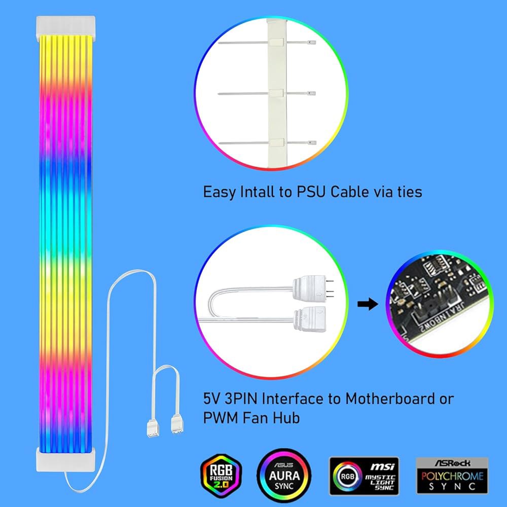 PSU 케이블용 재즈쿨링 PC RGB 라이트 스트립, CL300 5V 3핀 ARGB 동기화, 6핀 8핀 12핀 16핀 24핀 케이블 확장용 수트, 케이스용 컬러풀 - 상세 이미지 2