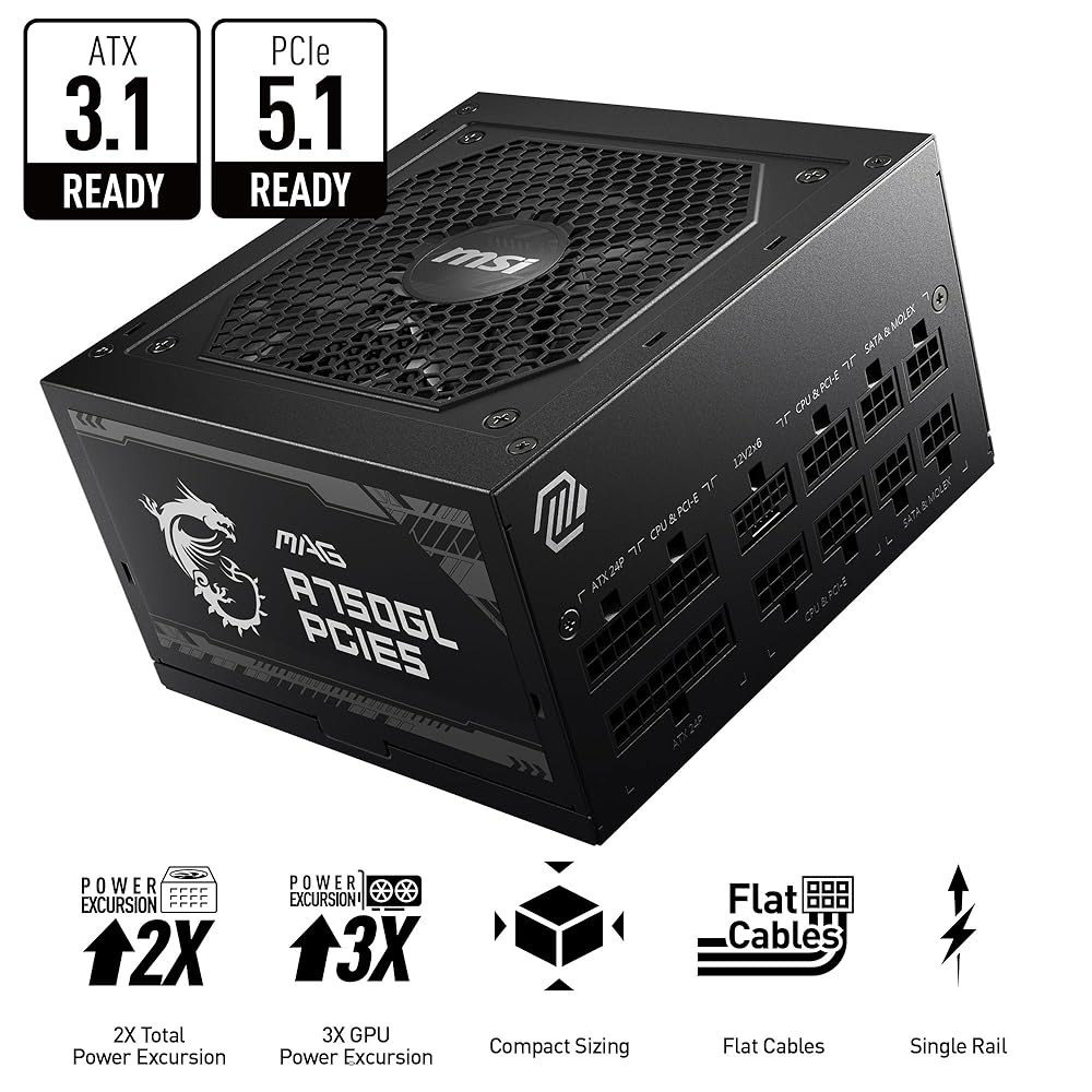 MSI MAG A750GL PCIE5, 완전 모듈식 컴팩트 게이밍 750W 전원 공급 장치, 80+ 골드, ATX 3.1 및 PCIe 5.1 준비 완료, 네이티브 듀얼 컬러 12V - 상세 이미지 2