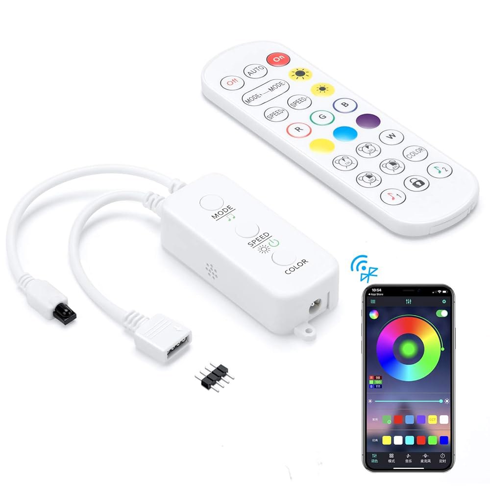 RGB LED 스트립 조명 컨트롤러, APP, 음악 동기화 및 IR 리모컨, 무제한 색상 핀 수정 기능, 블루투스 연결을 통한 5V-24V 모든 4핀 10mm 지원 - 상품 이미지