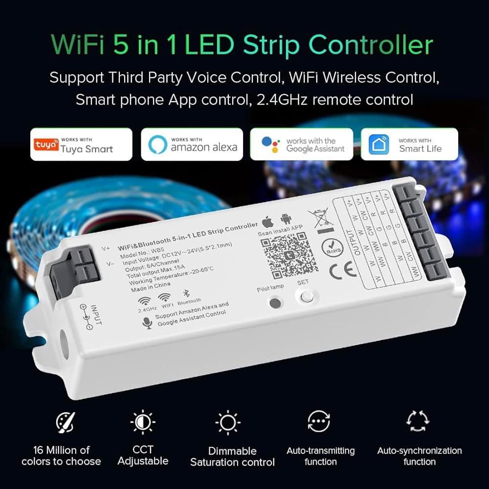 BTF-LIGHTING 5in1 WB5 2.4GHz Tuya WiFi PWM LED 컨트롤러, 알렉사 / 구글 홈 스마트 라이프 APP 제어와 호환되는 Dimming CCT RGB - 상세 이미지 3