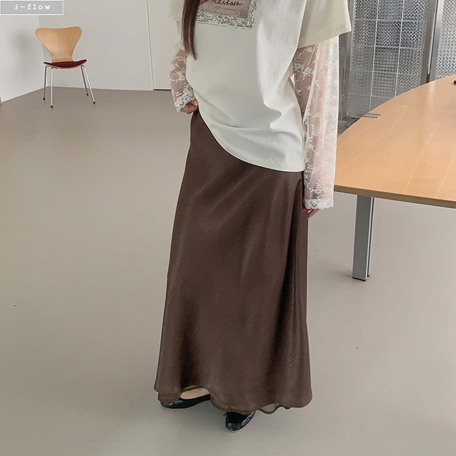 데이빈 쉬폰 새틴 레이어드 밴딩 스커트 3col 봄 여름 플레어 광택 이중 롱 제이플로우 이미지 7