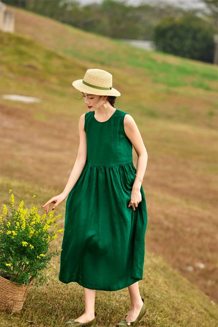 원피스 민소매 나시 드레스 루즈핏 엄마 편한 중년 통 넓은 여행룩 포레스트그린 S - 상세 이미지 5