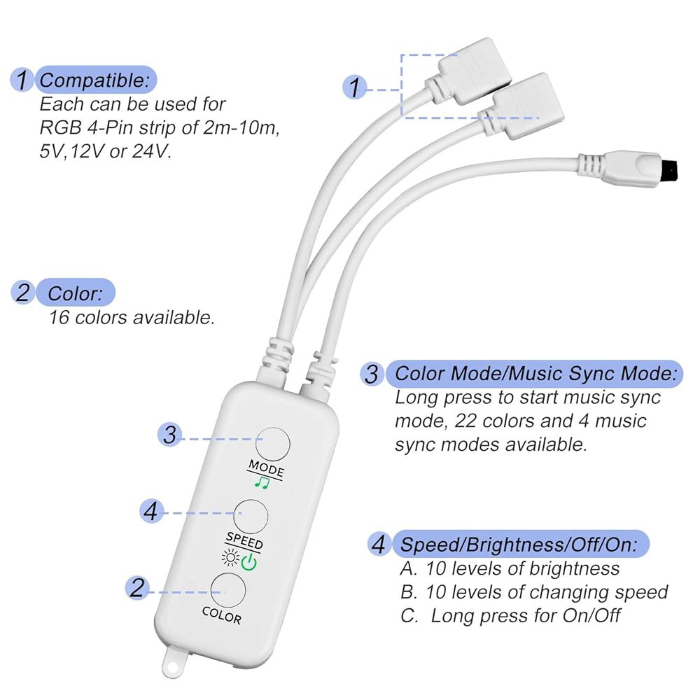 컨트롤러가 있는 Sunity LED 조명 원격 교체, 5V / 12V 24V 10mm RGB 스트립(2포트)과 호환되는 APP 음악 동기화 기능이 Bluetooth 컨트롤러 세트 - 상세 이미지 3