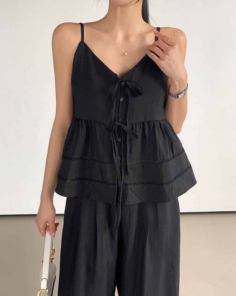 여름 루즈핏 블랙 리본 나시 블라우스 와이드팬츠 투피스 세트 - 상세 이미지 2