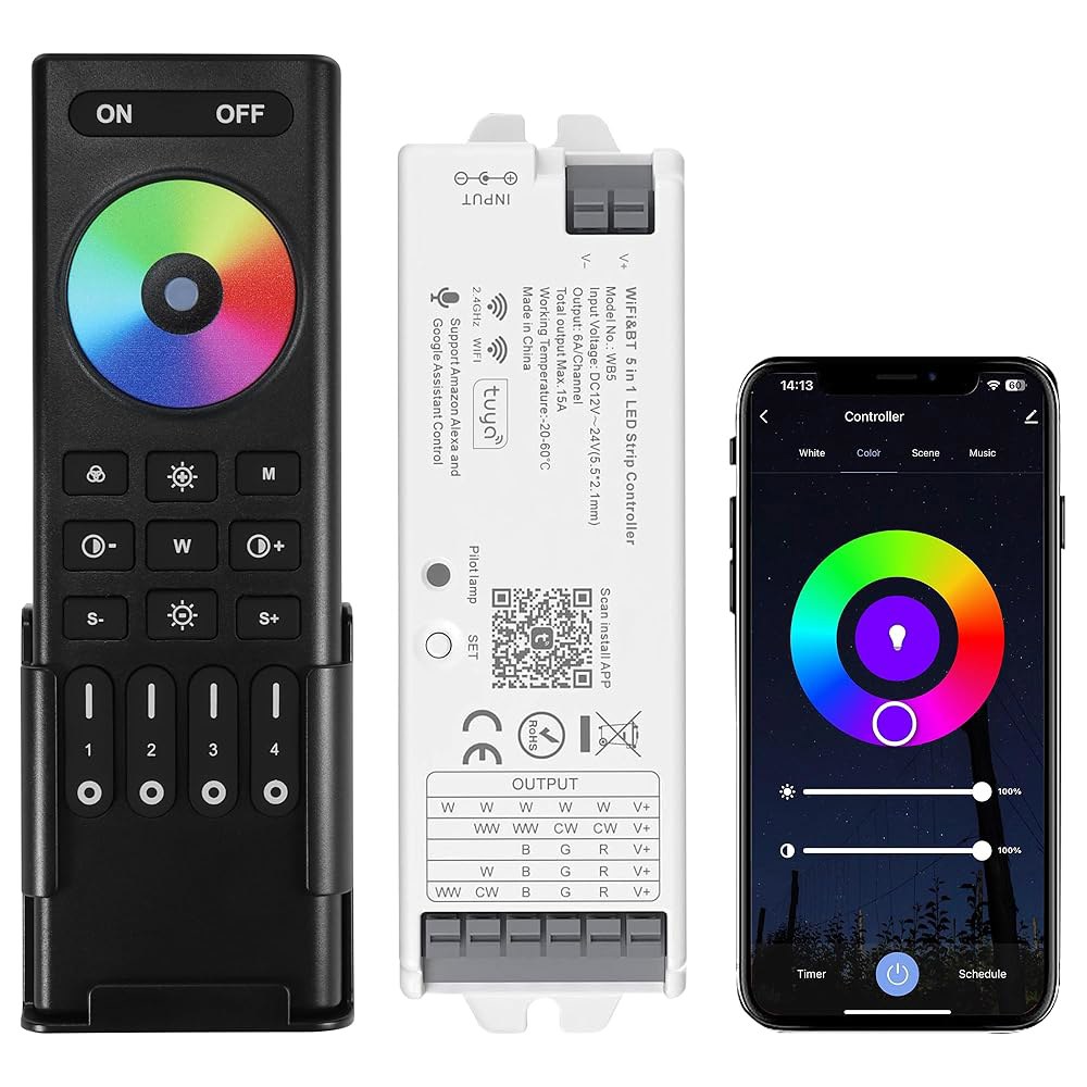 RC03RFB RF 리모컨 4존 그룹, RGB RGBW RGBCCT 스트립 조명 컨트롤러 키트, 알렉사 구글 홈 스마트 라이프 투야 앱 컨트롤과 호환되는 XXK WB5 WiFi - 상품 이미지