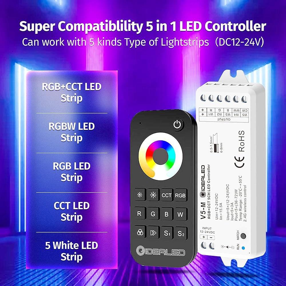 GIEDED 2.4G 무선 5채널 RGBCCT LED 컨트롤러(RF 리모컨 포함), RGBW RGBWW RGB CCT 라이트 스트립 색상 변경 DC12V-24V용 1개 컨트롤러 - 상세 이미지 2