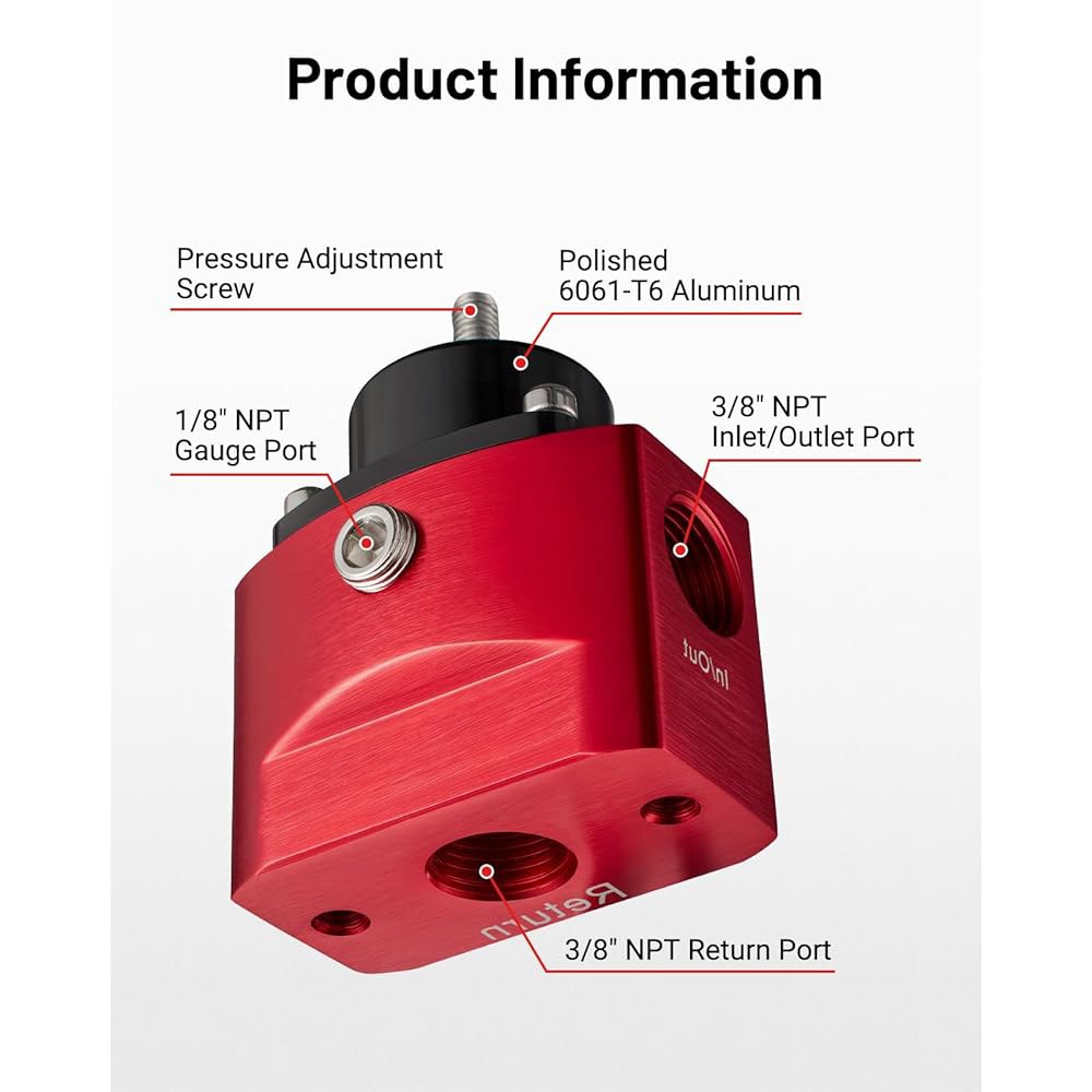 이블 에너지 연료 압력 조절기 카뷰레터 4.5-9 PSI, 게이지 포함 3/8인치 NPT, 카뷰레터용 바이패스 리턴 조절기, 빨간색 - 상세 이미지 2