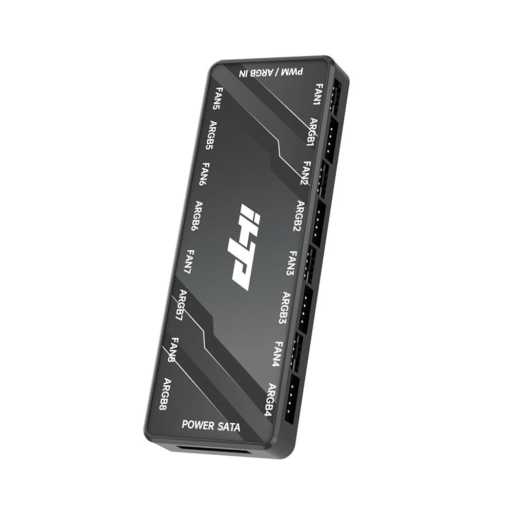2-in-1 PWM 및 ARGB PC 팬 허브, 16개 포트(8 5V 3핀 + 8 4핀 PWM), SATA 전원, 숨겨진 마그네틱 베이스, 마더보드 동기화 u2013 블랙 - 상품 이미지