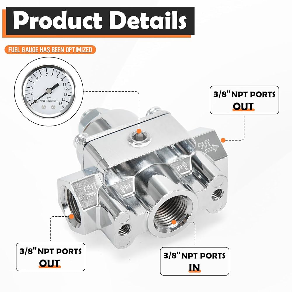 게이지가 있는 12-803 조절 가능한 연료 압력 조절기, Holley 및 Edelbrock 카뷰레터와 호환, 4.5-9 PSI, 3/8 NPT, 1-in 2-Out 12-803 - 상세 이미지 3