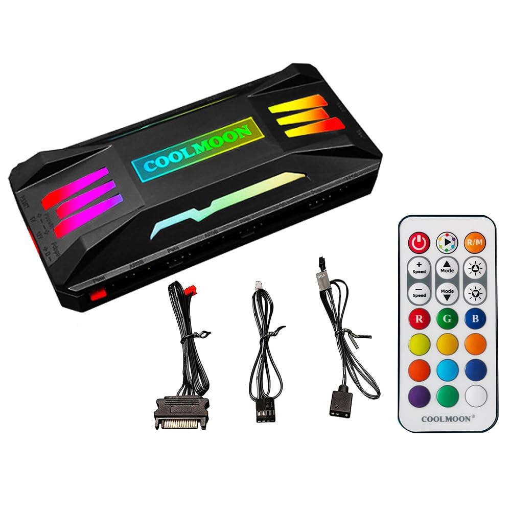 FelRelWell PC 팬 ARGB 컨트롤러 통합기, 리모컨 컴퓨터 조명 변경 어댑터, 8개의 PWM 속도 포트, 팬/라이트 바용 5V 포트 10개, 마그네틱 설치(블랙) - 상품 이미지