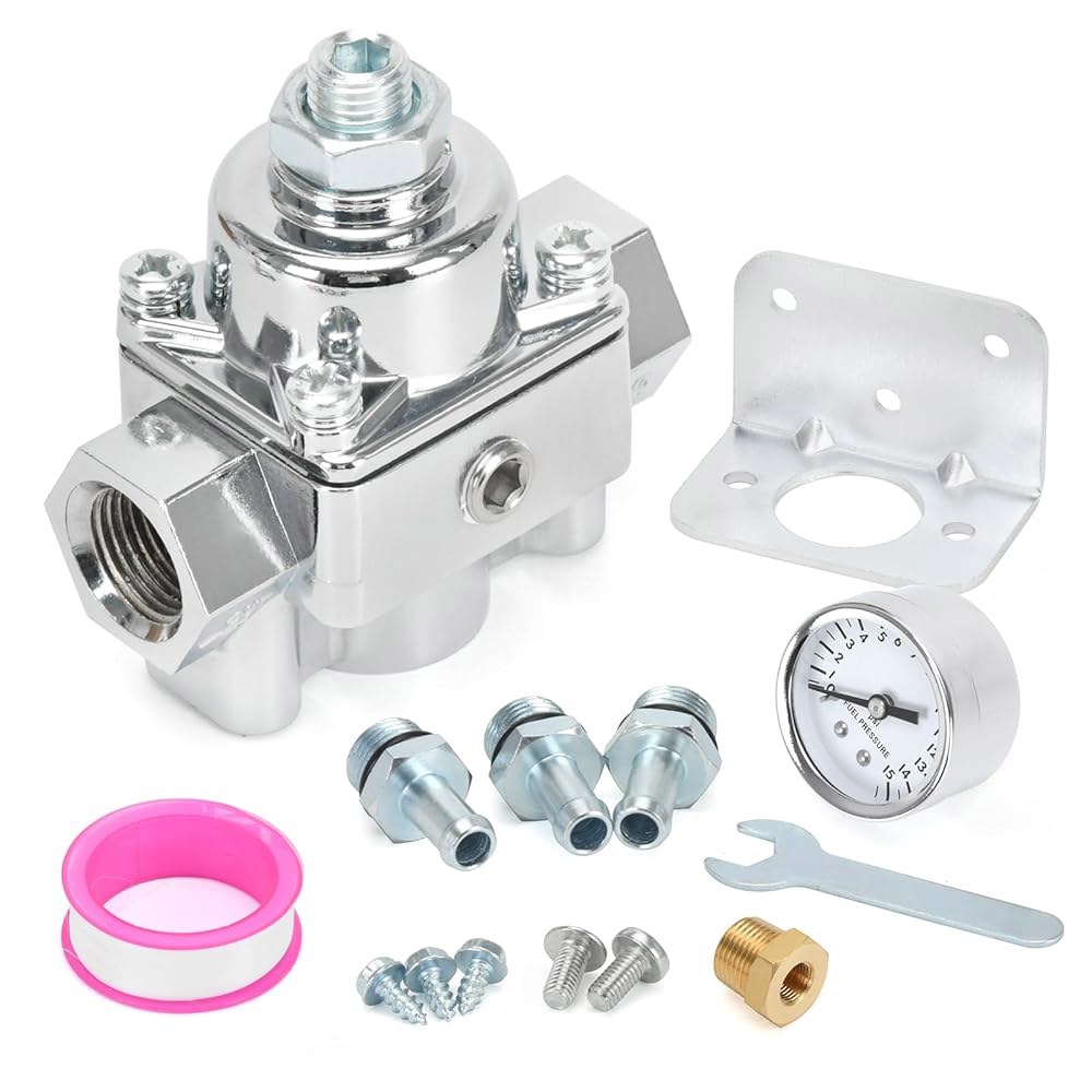게이지가 있는 12-803 조절 가능한 연료 압력 조절기, Holley 및 Edelbrock 카뷰레터와 호환, 4.5-9 PSI, 3/8 NPT, 1-in 2-Out 12-803 - 상품 이미지