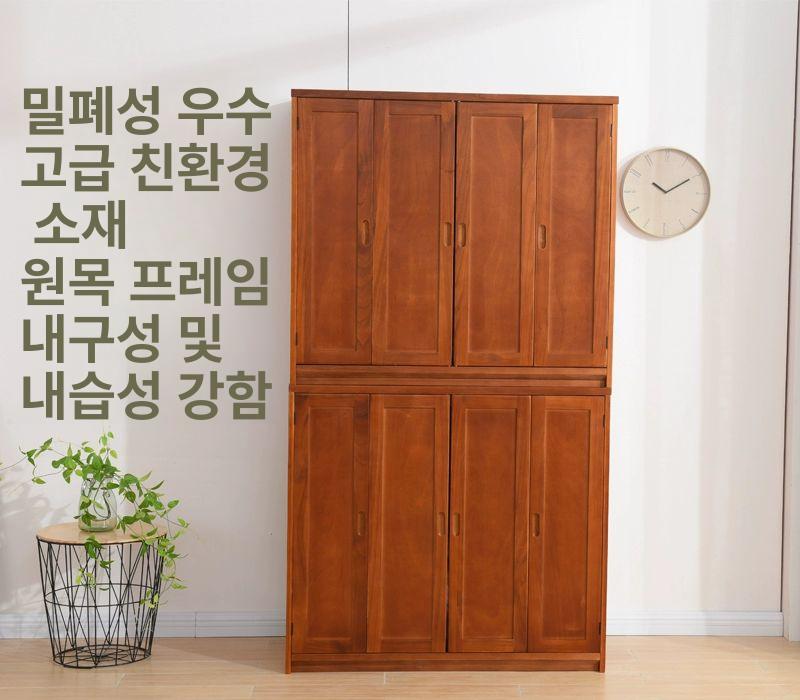 우드 나무 이불 옷장 캐비닛 침구류 보관 정리 수납장 100x60x90 내추럴 우드 루버 4개 문 조립 완료 - 상세 이미지 3