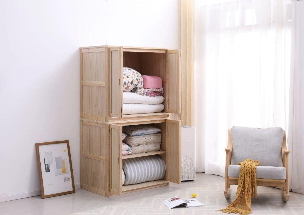 우드 나무 이불 옷장 캐비닛 침구류 보관 정리 수납장 100x60x90 내추럴 우드 루버 4개 문 조립 완료 - 상세 이미지 4