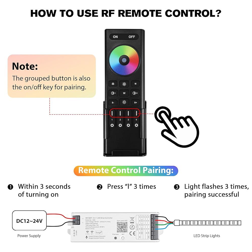 RC03RFB RF 리모컨 4존 그룹, RGB RGBW RGBCCT 스트립 조명 컨트롤러 키트, 알렉사 구글 홈 스마트 라이프 투야 앱 컨트롤과 호환되는 XXK WB5 WiFi - 상세 이미지 2