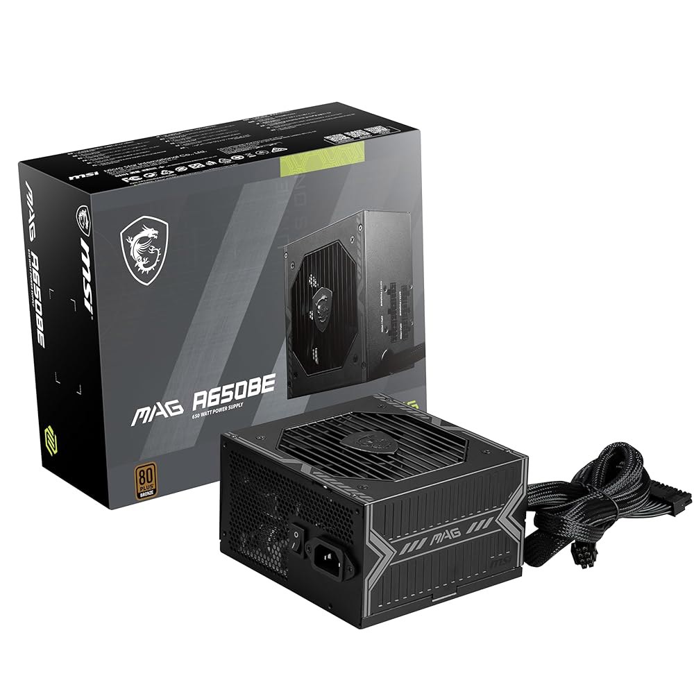 MSI MAG A650BE, 세미 모듈러 컴팩트 650W ATX 전원 공급 장치, 80개 이상 청동, 저소음 팬, 액티브 PFC 설계, 5년 보증 - 상품 이미지