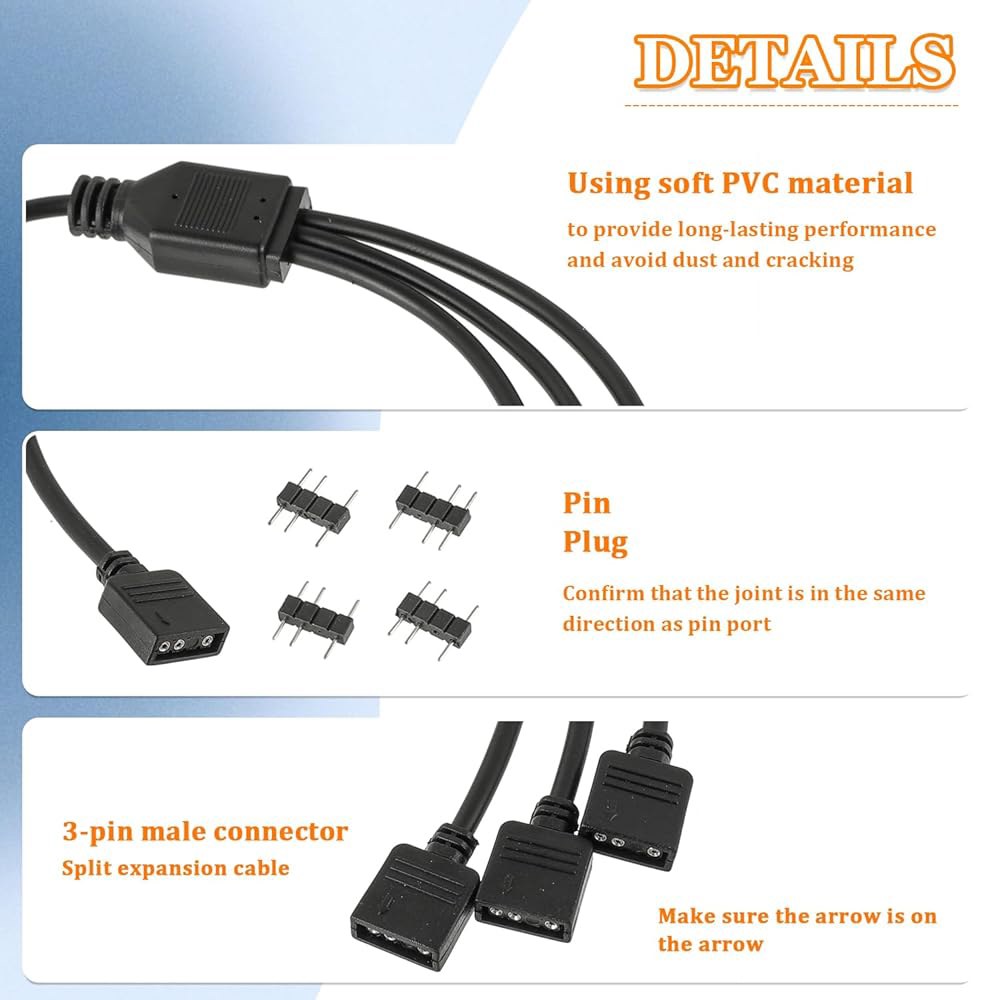 HUAREW 1-to-3 ARGB 스플리터 케이블, 5V 3핀 주소 지정 가능 RGB 확장 PC 컴퓨터, LED 시리즈 또는 팬용 케이블(2팩) - 상세 이미지 3