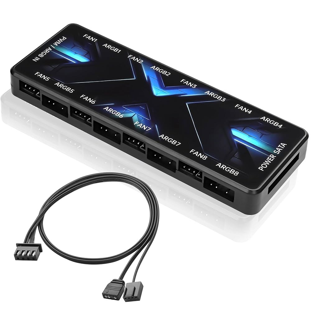 MERIYFA ARGB PWM 컨트롤러 허브 12V 4핀 및 5V 3핀 ARGB(SATA Power 2-in-1 Hub 8 Way PC 케이스 LED용 팬 포함), 컴퓨터 - 상품 이미지