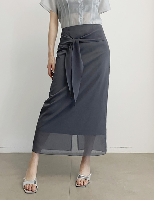 시스루 리본 타이 H라인 롱스커트 [3color] - 상품 이미지