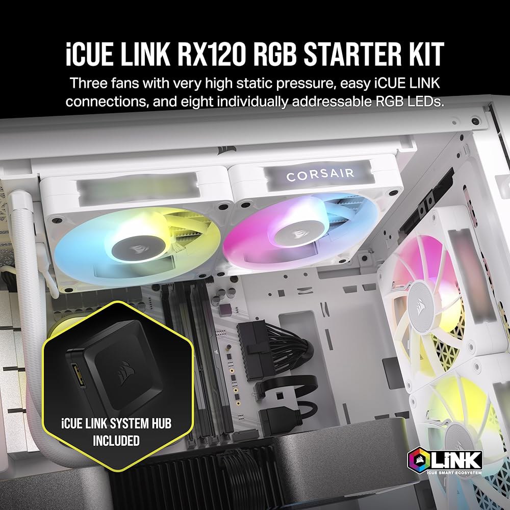 CORSAIR iCUE 링크 RX120 RGB 120mm PWM 팬(iCUE 시스템 허브 포함) - 마그네틱 돔 베어링 트리플 팩 화이트 Non-RGB Black 1 x 120mm - 상세 이미지 3