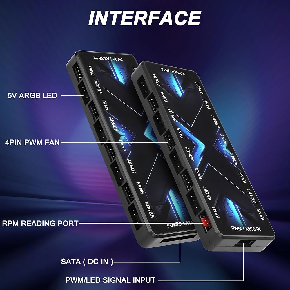 MERIYFA ARGB PWM 컨트롤러 허브 12V 4핀 및 5V 3핀 ARGB(SATA Power 2-in-1 Hub 8 Way PC 케이스 LED용 팬 포함), 컴퓨터 - 상세 이미지 2