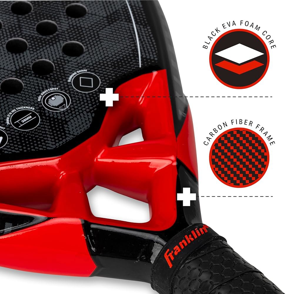 Franklin Sports Padel 라켓 - 글라이드 섬유 다이아몬드 성능 코어 모양 패드 유리 365g 포함 프리미엄 폼 블루/옐로우 - 상세 이미지 3