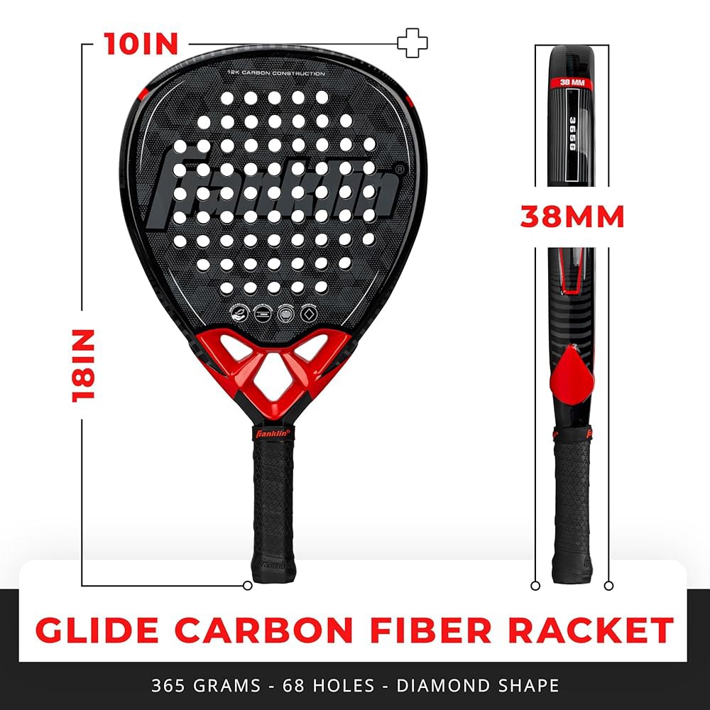 Franklin Sports Padel 라켓 - 글라이드 섬유 다이아몬드 성능 코어 모양 패드 유리 365g 포함 프리미엄 폼 블루/옐로우 - 상세 이미지 2