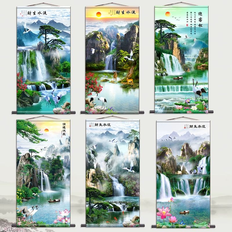 산수화 폭포수 풍경 벽걸이 스크롤 패브릭 포스터 A형 35x80 전체 화면 실크 스크롤 - 상품 이미지