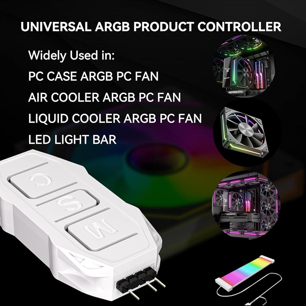 GSCOLLER 화이트 ARGB 컨트롤러 키트, 21 키 리모컨 미니 RGB PC 팬 허브, 컴퓨터 케이스 팬을 위한 다중 조명 모드, CPU 쿨러, 스플리터, LED 스트립(SA - 상세 이미지 2