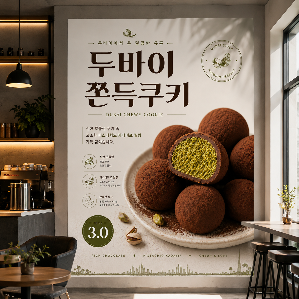 두바이쫀득쿠키 포스터 두쫀쿠 제작 메뉴 인쇄 디저트 카페 A 반광택 인화지 235g A3 - 상품 이미지