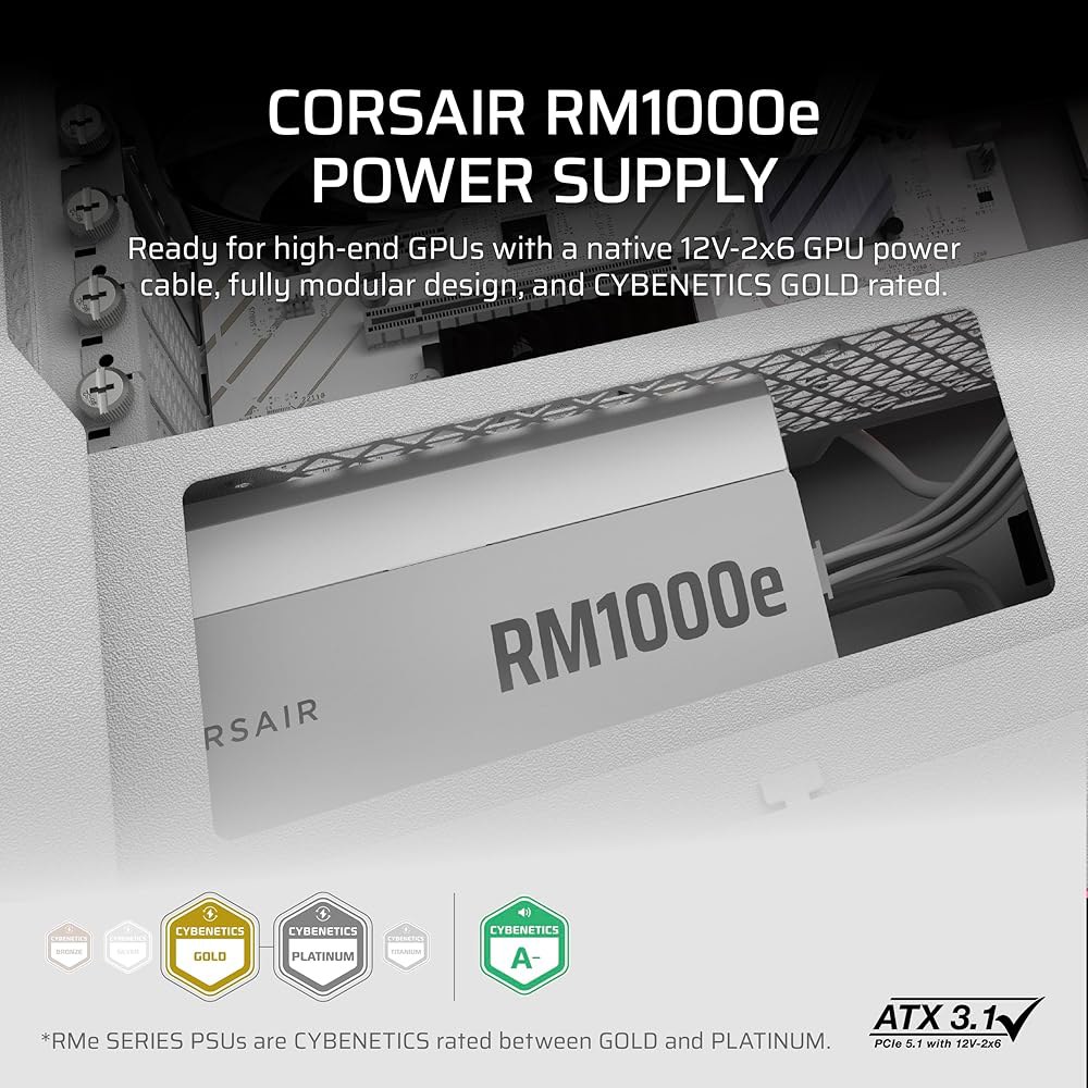 CORSAIR RM1000e ATX 3.1 PCIe 5.1 준비 완료 1000W 전원 공급 장치 u2013 12V-2x6 케이블 포함, 사이베네틱스 골드 효율, 105 C 등급 - 상세 이미지 2