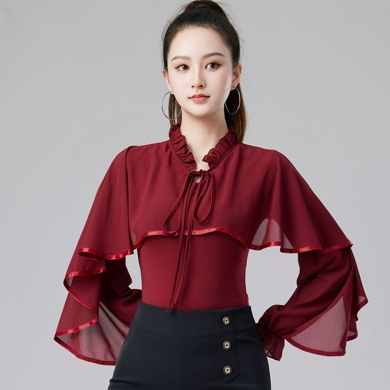 라틴댄스 상의 왈츠 댄스의상 라인댄스옷 공연복 댄스복 와인레드 M - 상품 이미지
