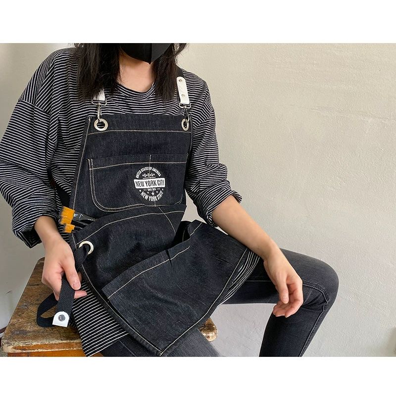 데님 짧은 앞치마 공방 레스토랑 목공 미용실 작업복 요리사 미술 카페 블루데님홀터스타일-쇼트 - 상세 이미지 3