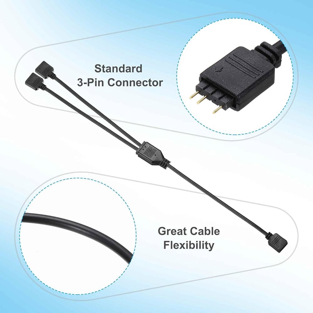 MECCANIXITY 2pcs ARGB 스플리터 케이블, 5V 12인치 3핀 1~2핀 암수 어댑터 PC 컴퓨터 팬/LED 조명용 커넥터 포함, 검정 1 to 2 - 상세 이미지 2