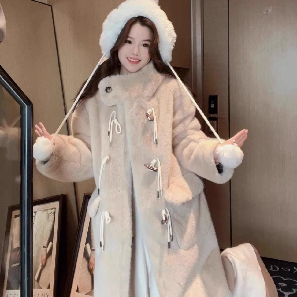 에코퍼 아우터 모직 루즈핏 롱코트 오버핏 떡볶이 여자 캐주얼 빅사이즈 뽀글이 여자겨울코트 갈색 S - 상세 이미지 3