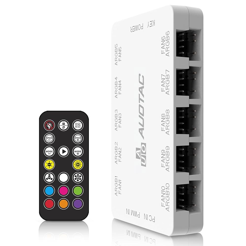 RF 리모컨이 있는 Auotac ARGB 컨트롤러 PWM 팬 허브, (10개의 케이스 팬, 5V 3핀 및 12V 4핀 커넥터, 듀얼 SATA 전원 입력, 자기 흡입), 흰색 - 상품 이미지