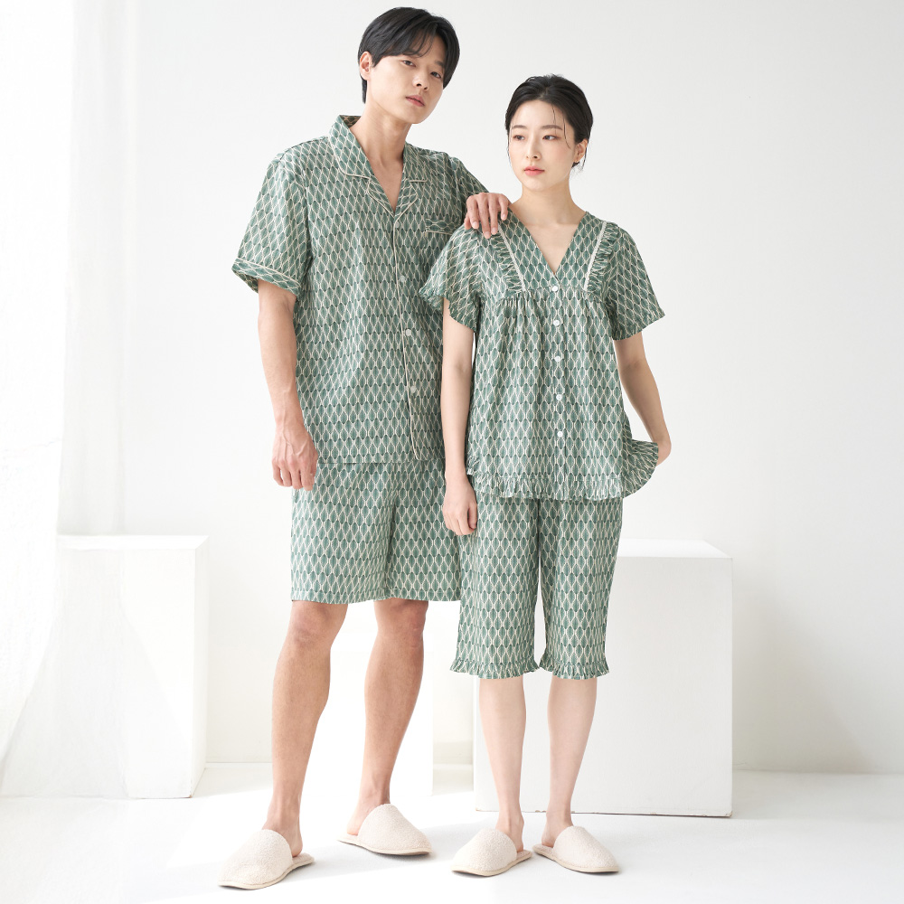 오리엔탈 커플 여름 반팔 순면 아사면 잠옷 파자마 홈웨어 세트 - 상세 이미지 2