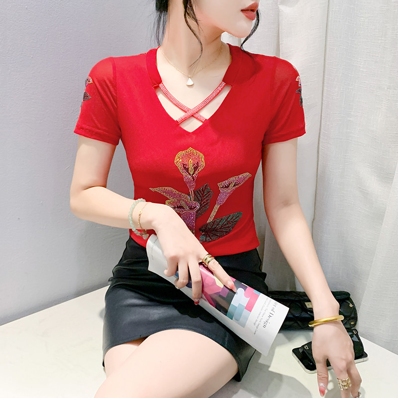 라인댄스복 상의 반팔 티셔츠  슬림핏 라틴 줌바 밸리복 사교 스포츠 댄스 브이넥 - 상품 이미지