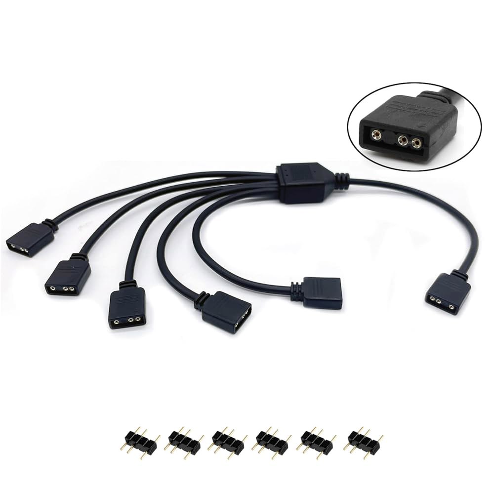 컴퓨터 섀시 CPU 쿨러 및 5V ARGB 팬용 Jstincal 1-to-5 스플리터 케이블, 3핀 주소 지정 가능 RGB 확장 케이블 LED 동기화 케이블(1팩) 1-to-2 - 상품 이미지