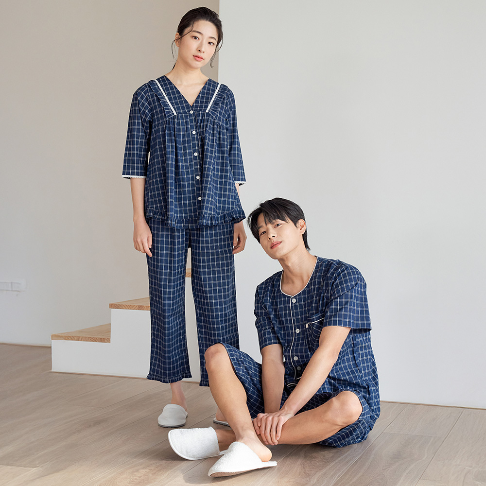 윈도우체크 순면 빅사이즈 커플 잠옷 파자마 세트 이미지 4