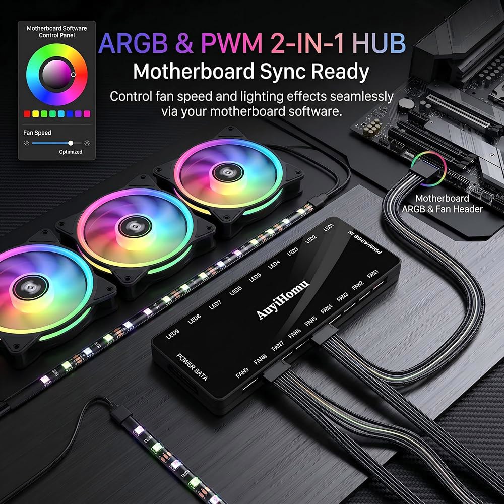 AuiHomu 9포트 ARGB PWM 팬 허브 컨트롤러, SATA 전원 PC 케이스 스플리터, 5V 3핀 ARGB, 4핀 PWM, 냉각 팬용 마그네틱 백플레이트 - 상세 이미지 2