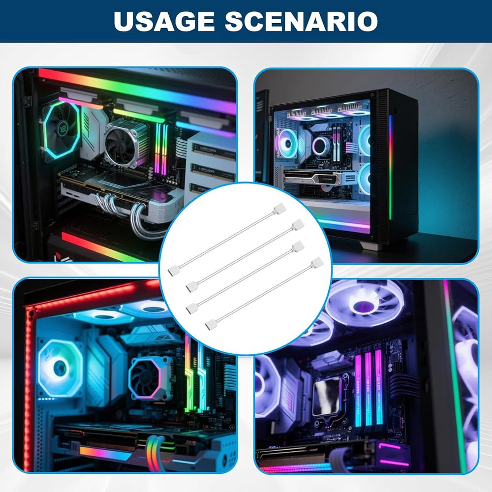 TNJPESSK 4팩 3핀 RGB 연장 케이블, 8개의 수컷 핀, 5V 주소 지정 가능한 ARGB 스플리터 섀시 PC 팬용 1 1 암컷 대 커넥터 CPU 쿨러 히트 싱크(흰색) - 상세 이미지 2