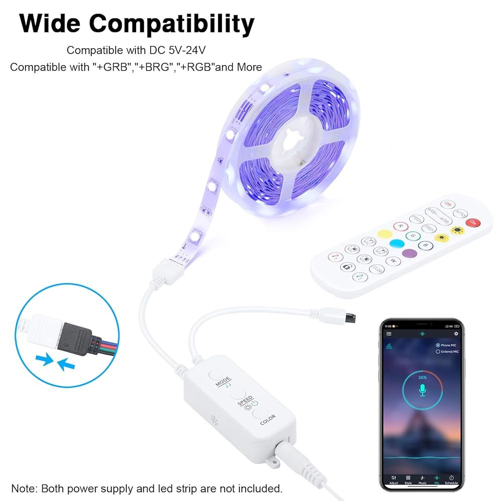 RGB LED 스트립 조명 컨트롤러, APP, 음악 동기화 및 IR 리모컨, 무제한 색상 핀 수정 기능, 블루투스 연결을 통한 5V-24V 모든 4핀 10mm 지원 - 상세 이미지 2
