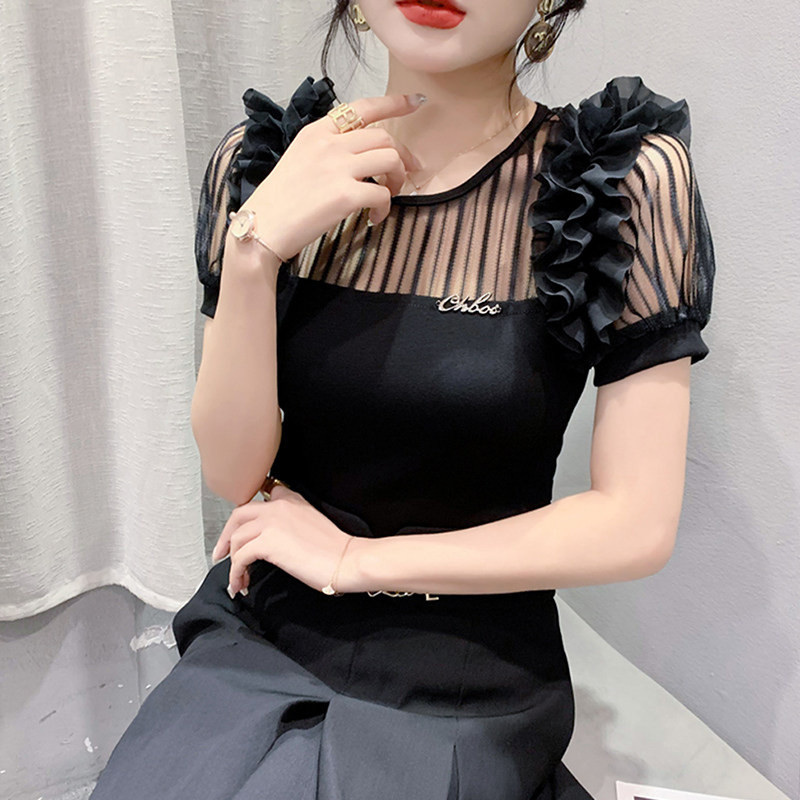 라인댄스상의 반팔 티셔츠 라틴 재즈 스포츠댄스 여성 댄스복 시스루 플라워포인트 - 상세 이미지 2
