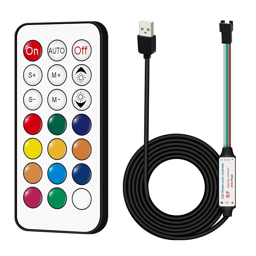 RGBZONE DC 5V USB LED 컨트롤러, 21키 RF 무선 리모컨, 1M / 3.3FT 3핀 WS2812 WS2811 WS2812B 드림 컬러 스트립 조명 4PIN-IR - 상품 이미지