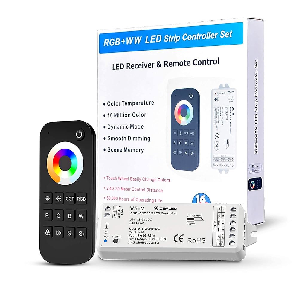 GIEDED 2.4G 무선 5채널 RGBCCT LED 컨트롤러(RF 리모컨 포함), RGBW RGBWW RGB CCT 라이트 스트립 색상 변경 DC12V-24V용 1개 컨트롤러 - 상품 이미지