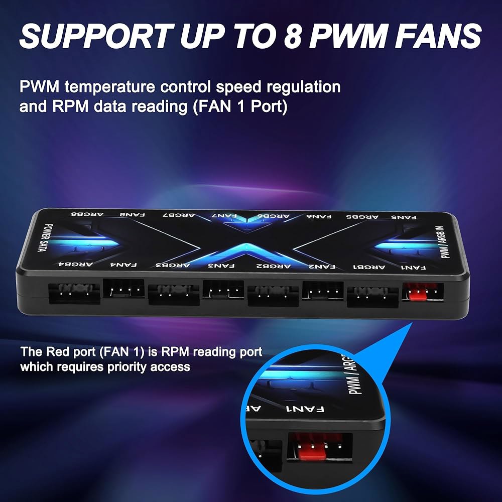 MERIYFA ARGB PWM 컨트롤러 허브 12V 4핀 및 5V 3핀 ARGB(SATA Power 2-in-1 Hub 8 Way PC 케이스 LED용 팬 포함), 컴퓨터 - 상세 이미지 3